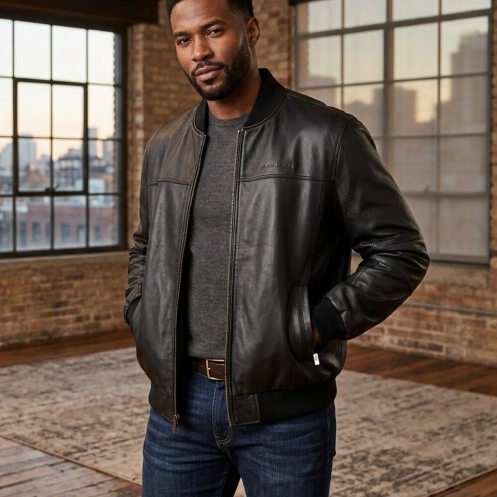 Sean John Black 100% Heavy Leather Y2K Bomber Big Logo Jacket Size XL
